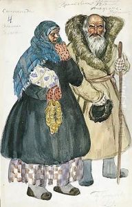 Costume Design For An Old Peasant Couple Agafon And Stepanida by Boris Kustodiev