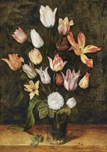 A Still Life With Fifteen Tulips And Two White Roses With A Fly On A Leave In A Glass Beaker, All On A Wooden Ledge Together With A Ladybird