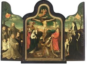 A Triptych Central Panel The Crucifixion, Left Wing Saint Francis With Male Donors, Right Wing Saint Barbara With Female Donors by Jacob Cornelisz Van Oostsanen