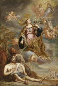 St. Barbara Comforting A Dying Man With The Last Sacrament