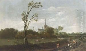 A Wooded Landscape With A Horse-Drawn Cart, A View Of A Village With A Church Tower Beyond by Esaias Van De Velde