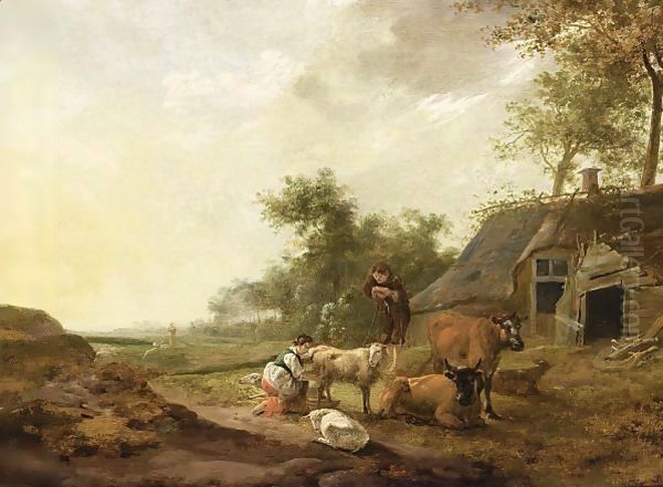 A Landscape With A Maid Milking A Sheep, A Shepherd Watching With Sheep And Cows, A Farm Nearby - view 1