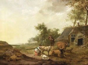 A Landscape With A Maid Milking A Sheep, A Shepherd Watching With Sheep And Cows, A Farm Nearby