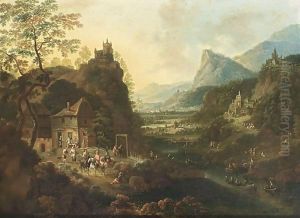 A Rhenish Mountainous River Landscape With Horsemen And Travellers Near An Inn, Fishing Boats On The River, And A Castle On A Hill Top And Other Castles And Villages Beyond by Jan the Elder Griffier