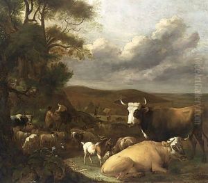 A Landscape With Cows Resting In A Meadow Near Trees by Albert-Jansz. Klomp