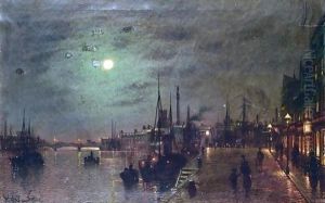 Harbour Scene At Night by Wilfred Jenkins