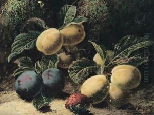 Still Life Of Plums And A Strawberry by Oliver Clare