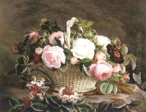 A Basket Of Pink And White And Red Roses With Honeysuckle