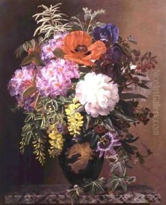 Red, Pink And White Roses And Orange, Yellow And Pink Primroses In An Etruscan Vase On A Marble Base