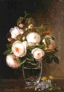 Roses In A Glass Vase With Yellow Buttercups, Forget-Me-Nots And Chickweed On A Marble Ledge by Johan Laurentz Jensen