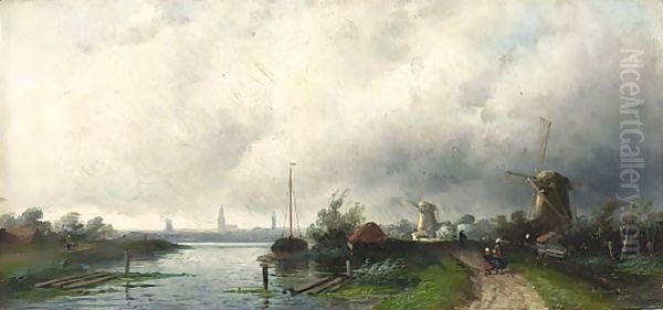 A Summer Landscape With Windmills Along A Waterway - view 1