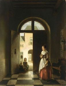 Playing Children In A Doorway by Johannes Anthonie Balthasar Stroebel