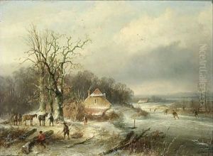 Winter Landscape With Skaters And Woodgatherers by Josephus Gerardus Hans