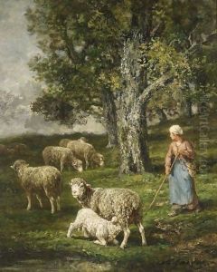 A Shepherdess With Her Flock 3 by Charles Emile Jacque