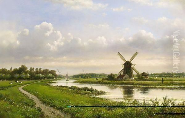 A Summer Landscape With A Windmill Along A Waterway - view 1