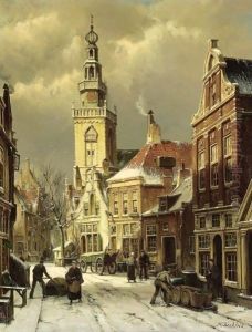 Figures In A Snowy Street, Monnickendam by Willem Koekkoek