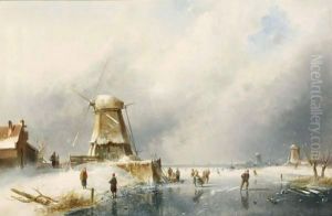A Winter Landscape With Skaters On The Ice by Charles Henri Leickert