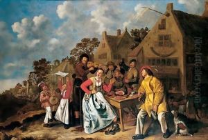 Peasants Feasting And Playing Music Outside A Tavern by Jan Miense Molenaer