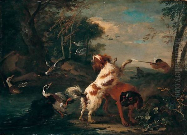 River Landscape With A Huntsman Shooting Duck, Spaniels And Other Dogs In The Foreground - view 1