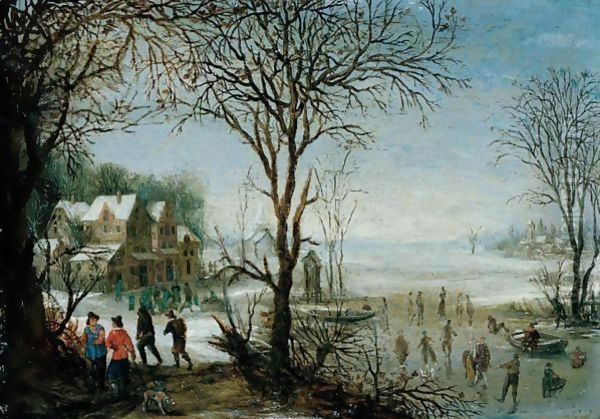 Winter Landscape With Sportsmen And Skaters Near A Village - view 1