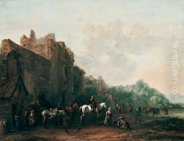 Travellers And Pack Animals Resting Before A Ruined Building, A Drover Watering His Cattle Beyond - view 1