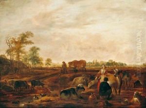 A Landscape With A Milkmaid And Man Milking A Cow Near Farm Buildings, A Man Leading A Horse On A Track Nearby, A Church And Windmill In The Distance