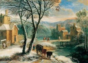 A Winter Landscape With Travellers And Waggoners Beside A River