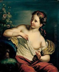 A Young Girl In A State Of Undress, Seated Beside A Cushion And Hollyhocks