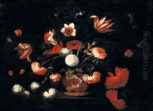 Still Life Of Various Flowers In A Basket On A Stone Ledge by Juan De Arellano