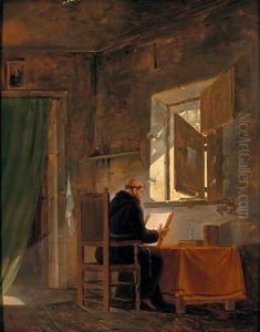 A Monk In An Interior Reading Before An Open Window by Ferdinand Marie Delvaux