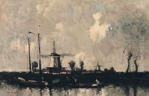 Dutch Fishing Boats With A Windmill Beyond by William Alfred Gibson