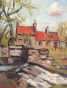 Red Roofs By A Weir by George Leslie Hunter