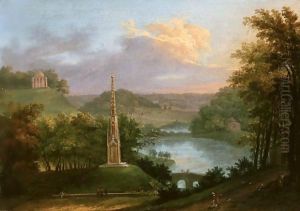 View Of The Park At Stourhead With Figures By The Monument