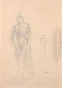 Stehende Dame Im Langen Kleid Nach Links (Standing Female Figure In A Long Dress Facing Left) by Gustav Klimt