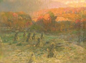 Autumn Landscape With Haystacks In A Pumpkin Field by John Joseph Enneking