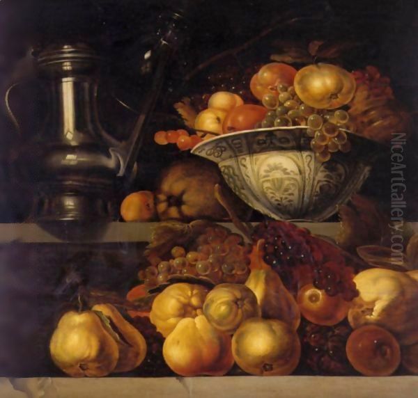 Still Life Of Fruit Resting On A Ledge, With A Wan-Li Porcelain Bowl Filled With Fruit And A Pewter Jug Resting On A Ledge Above - view 1