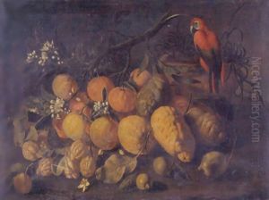 Still Life With Oranges, Lemons And A Parrot In A Landscape by Giovanni Battista Ruoppolo