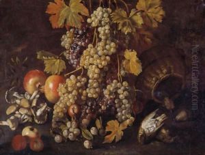 Still Life Of Grapes, Pomegranates, Mushrooms, A Basket And Game In A Landscape by Giovanni Battista Ruoppolo
