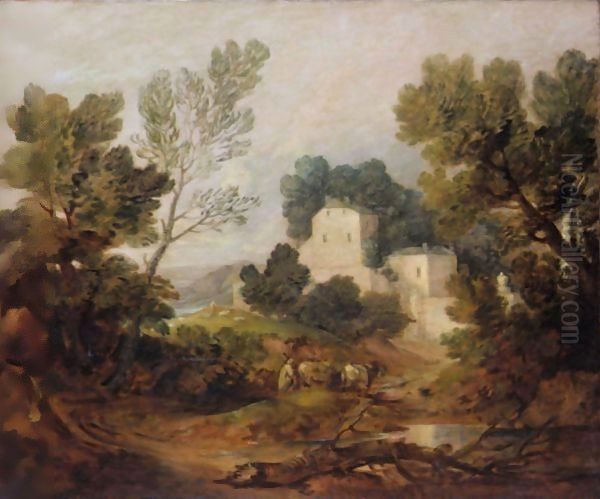 Wooded Landscape With A Driver And Cattle And A Distant Mansion - view 1