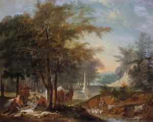 A Hunting Party Lunching In A Landscape