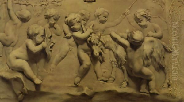 Trompe L'Oeil Of Putti Playing With A Goat by Piat Joseph Sauvage