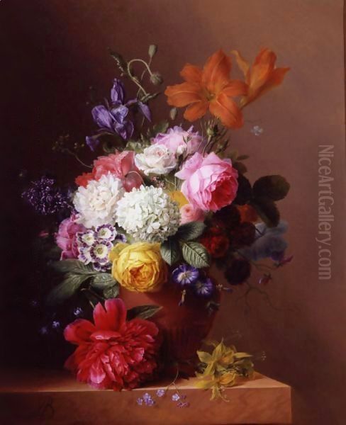 Still Life Of Flowers In A Terracotta Urn Resting On A Marble Ledge - view 1
