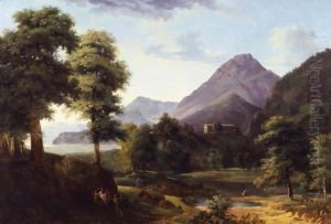 Mountainous Landscape With Figures And A Roman Temple Beyond by Jean-Victor Bertin