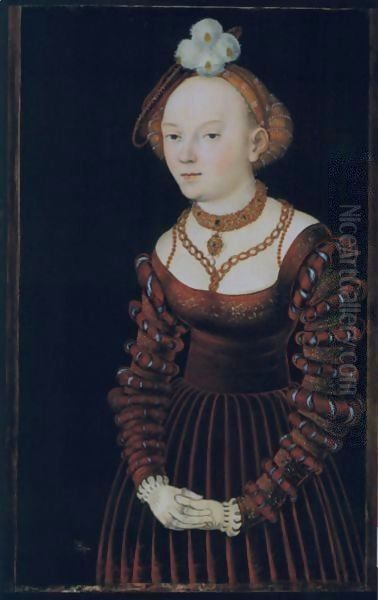 Portrait Of A Young Lady Dressed In A Red Velvet Dress And Wearing A Plumed Cap - view 1