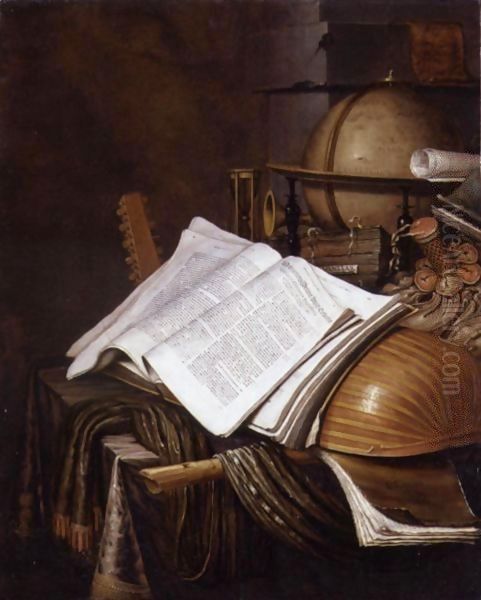 A Vanitas Still Life With A Globe, An Hourglass, A Pouch, Books, Sheet Music,a Lute And Other Musical Instruments On A Draped Table by Edwart Collier