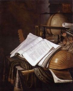 A Vanitas Still Life With A Globe, An Hourglass, A Pouch, Books, Sheet Music,a Lute And Other Musical Instruments On A Draped Table by Edwart Collier