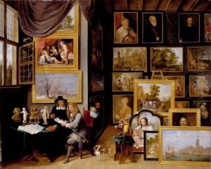 A Picture Gallery With Two Men Examining A Seal And A Red Chalk Drawing And A Monkey Present by David The Younger Teniers