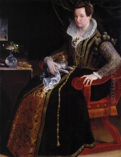 A Portrait Of Costanza Alidosi Seated And Holding A Small Dog, A Still Life Of A Vase Of Flowers And Jewelry On A Table Beside Her - view 1