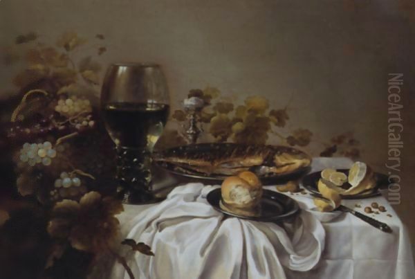 Still Life Of A Fish, Bread, A Peeled Lemon, Grapes In A Basket, A Salt And A Roemer, All On A Draped Table - view 1