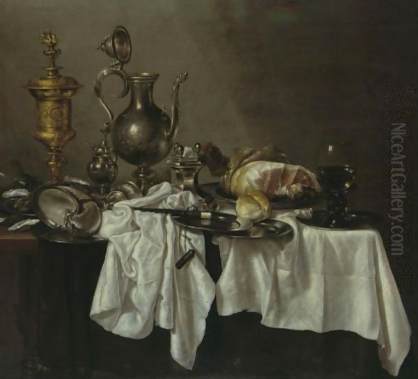 Still Life With A Silver Ewer, A Silver-Gilt Covered Cup, A Ham, A Salt, A Roemer, A Nautilus Shell And Other Objects, All On A Cloth-Draped Table - view 1